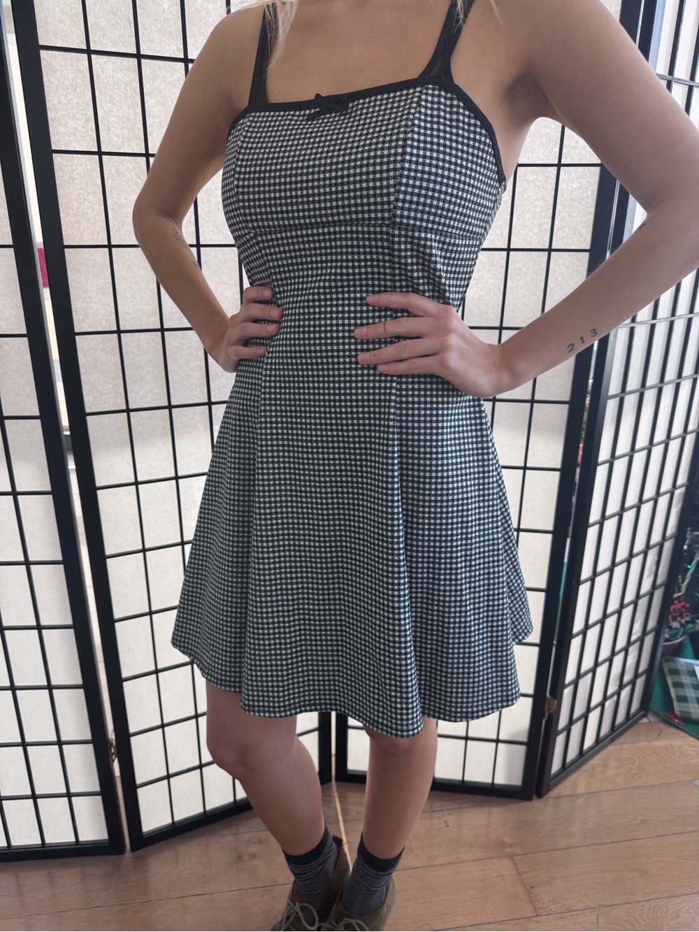 Black & White Gingham Mini Dress with Square Neck